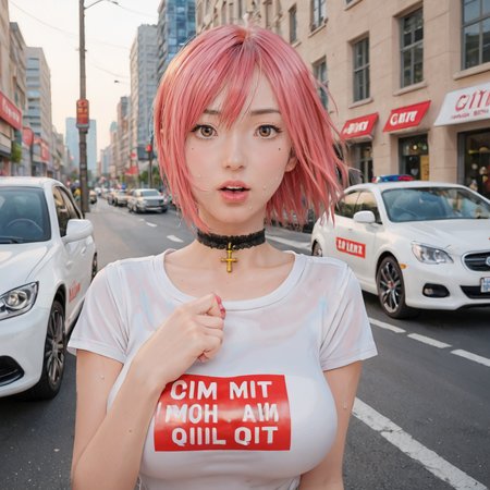 score_9,score_8_up,score_7_up, orgasm face, shiny oild skin, sweat, 
1girl, papiko, solo, choker, breasts, mole, cross, shirt, large breasts, lips, brown eyes, nail polish, clothes writing, pink nails, 
city in background, cars, traffic, 
 <lora:Chiho_Johansson_Papiko_-_Gigant_Hiroya_Oku:0.85>