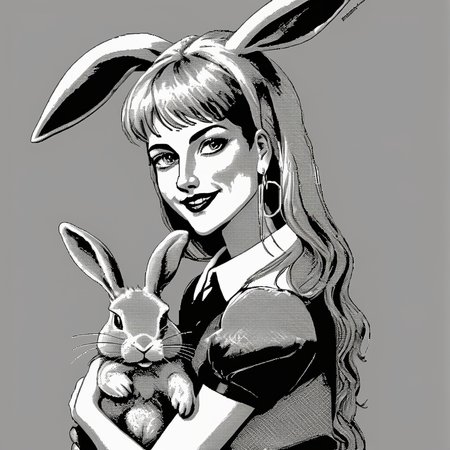 <lora:Macpaint-XL-000015:1>, Macpaint, black and white pixel image of beautiful smiling woman standing next to a creepy bunny rabbit, pixel art, best quality, 80s, minimalist,