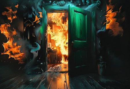 <lora:flame silhouette:1>,  <lora:flame:1>, flame,
burning office green door, office,
graphic style of novel comics, perfect hands, 2d,
8k, hyperrealism, masterpiece, high resolution, best quality, ultra-detailed, super realistic, Hyperrealistic art, high-quality, ultra high res, highest detailed, lot of details, Extremely high-resolution details, incredibly lifelike, colourful, soft cinematic light,