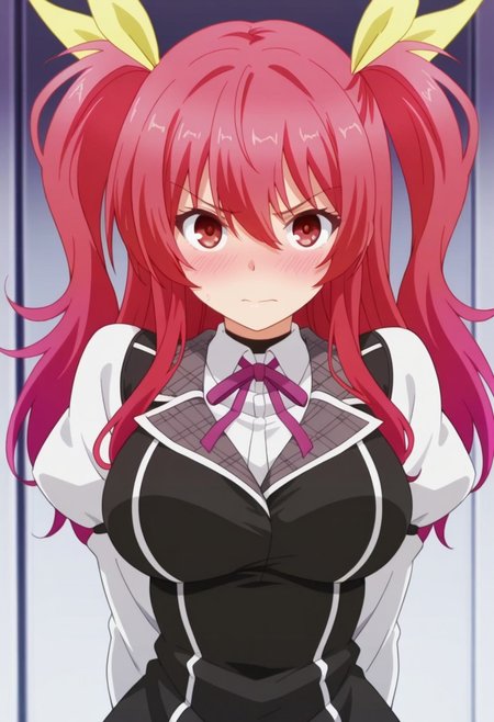 masterpiece,best quality,amazing quality, stella vermillion, long hair, crimson hair, crimson eyes, 1girl, solo, blush,  purple ribbon, two side up, long sleeves, looking at viewer, upper body, ribbon
