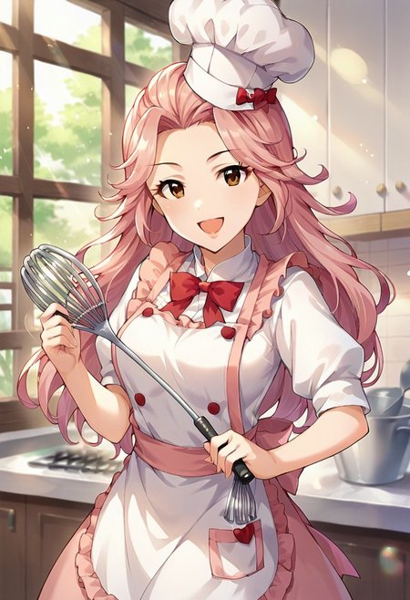 score_9, score_8_up, score_7_up, source_anime,hamakawa ayuna, 1girl, solo, long hair, looking at viewer, smile, open mouth, hat, bow, brown eyes, pink hair, apron, chef hat, whisk, chef
