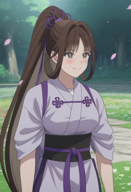 Airi, long hair, brown hair, brown eyes, hair ribbon, sidelocks, japanese clothes, high ponytail,
(nsfw), (uncensored), (score_9), score_8_up, score_7_up, source_anime, cowboy shot, dynamic pose, 1 Female, solo, happy smile joy, blush, ashamed, shy, sexy, charming, alluring, seductive, enchanting, erotic, 
((outdoors)), ((flower garden)), ((flowers)), ((many flowers)), spring petals, petals of flowers, spring, falling petals, flying butterflies,