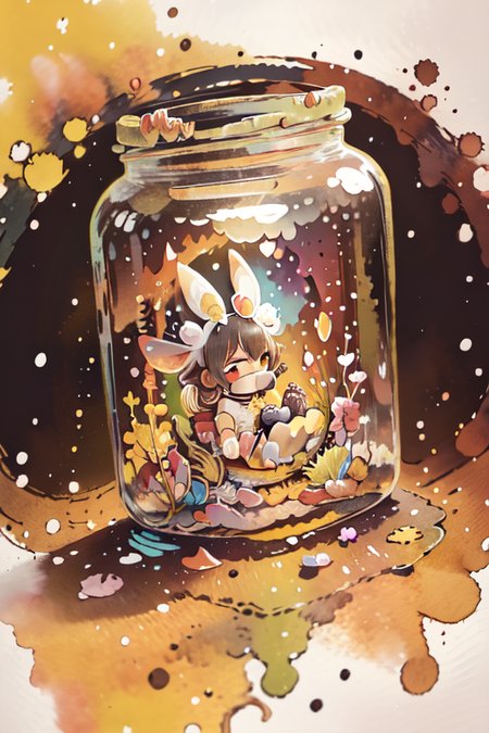 fairy in jar, 1girl, fairy wings, blushes, open shoulders, morning, small breasts, (black hair, messy hair), bunny ears, bright colors, watercolor art style, (2d, art),  <lora:GoodHands-vanilla:1>,  <lora:Loraeyes_V1:1>,  <lora:Jar_v1_LORA:1>,  <lora:more_details:-0.5>,  <lora:cute00d:1>