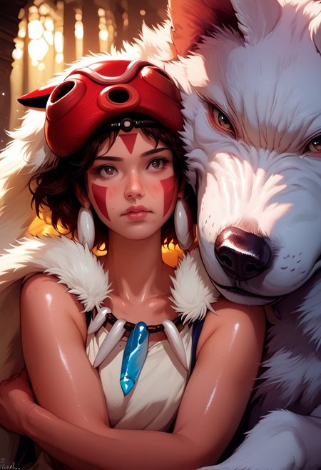score_9, score_8_up, score_7_up,  1girl, San(/Princess Mononoke)/,(ultra HD quality details), pale skin, brown hair, facepaint, brown eyes, short hair, mask on head,
shiny skin, eye contact, fur cape, crystal necklace, sleeveless_shirt,
tilted angle, moody lighting, p3tl0v3, white wolf, hugging white wolf, dim lighting, medieval fantasy, perfect quality, high quality, photorealistic, sitting BREAK orange and blue hue, (abstract:0.2), expressiveH