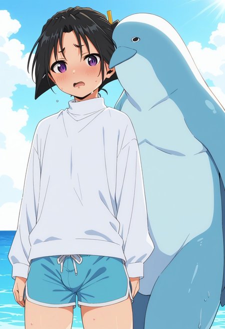 score_9,score_8_up,score_7_up,score_6_up, source_anime, BREAK cowboy shot,1boy,solo,male focus,otoko_no_ko,tokiyuki,top,bulge,open_mouth,
embarassed,blush,blue sky,sun,backlighting,ocean,
sweating profusely,
kiss marks on neck and stomach area,
white sweater, 
short white dolphin shorts,
blushing heavily,
drooling,
