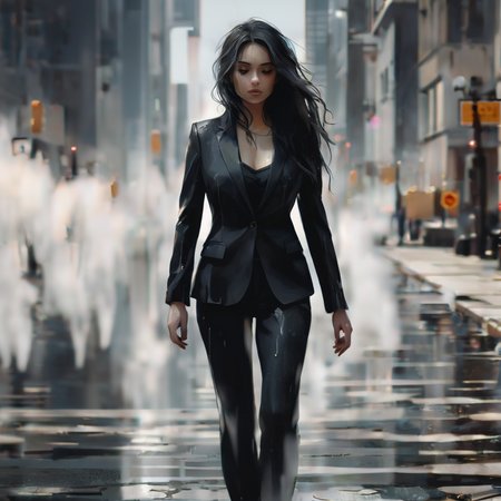 a beautiful woman melting, black office suit made of melted black wax, wet hair, walking on the sidewalk, unreal, water vapor, black liquid, modern city, midday sun, sun reflections <lora:sd_xl_offset_example-lora_1.0:-0.5> <lora:Projext_X2:-1.0>