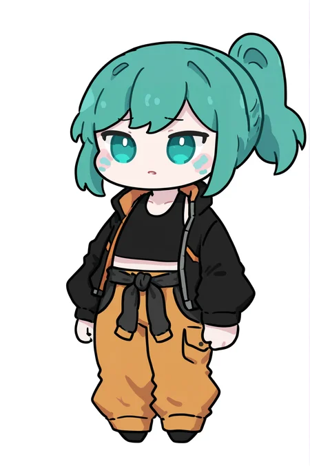 1girl, solo, LennaOC, teal hair, cyan cheek marks, sweeping bangs, ponytail, flat chested, black croptop, black jacket, long sleeves, shiny orange jacket accents, orange trims, orange pants, dark grey pockets, dark grey trouser accents, white background
masterpiece, best quality, newest, absurdres, highres, sensitive,  <lora:Lenna_Illustrious:1>  <lora:lora:1>, chibi, kawaii, cute, simplistic