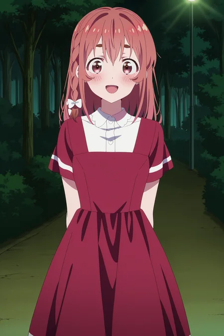 anime screencap, anime coloring, detailed face, masterpiece, best quality, very aesthetic, absurdres, volumetric lighting, official style, amazing quality, ultra detailed,  highres, amazing quality, scenery, beautiful detailed hair, beautiful detailed eyes,
 <lora:Sumi_Sakurasawa_Rent-A-GirlfriendKanojo_Okarishimasu:1>
outside,
Sumi red dress (outfit), Sumi Sakurasawa (character), 1girl, dress, red hair, looking at viewer, hair bow, red dress, blush, bow, white bow, shirt, red eyes, :D, happy girl, cowboy shot,