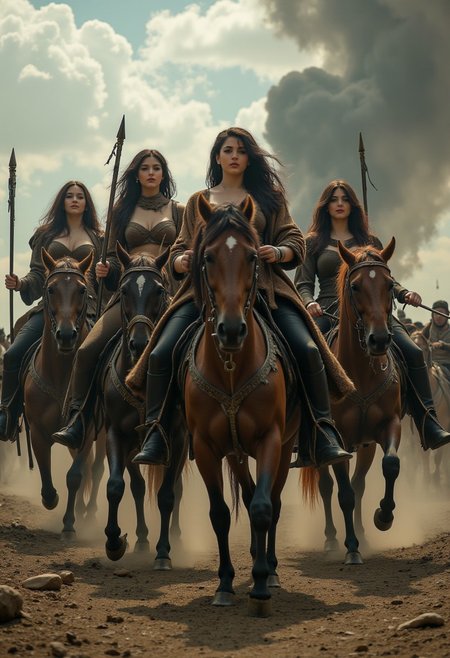four beautiful women on horses representing the four horsemen of the apocalypse. A dystopian scene as the women ride the horses.