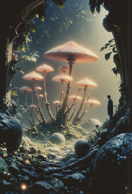 An enigmatic composition bathed in soft, diffused light, blending whispers of surrealism and melancholia. The scene unfolds in a cinematic atmosphere where subtle textures and delicate grains add depth, while the interplay of light and shadow enhances the quiet intensity of the moment. A subdued color palette merges with ethereal haze, evoking a dreamlike quality and timeless stillness. The central subjectâa group of unusually large and bizarrely shaped mushrooms, their bulbous caps textured with intricate patterns and faintly glowing veins, standing tall within a forest encased in thick ivy that twists and drapes like natural latticework. Beside them, a lone man appears diminutive, almost dwarfed by their towering presence, his stance one of quiet awe and insignificance amidst the surreal giantsâcreates a striking sense of scale and wonder. Surrounding elements, such as the faint shimmer of spores drifting through the air and the soft rustle of unseen wildlife, anchor the narrative in an otherworldly context. Organic details, like the rough bark of nearby trees or the glossy tendrils of ivy, contrast with the mushrooms' alien forms, creating a juxtaposition that is both haunting and mesmerizing. The composition invites introspection, with negative space amplifying the mood's resonance. Every detail, from the atmospheric depth to the muted highlights, serves to craft an image that feels suspended in an emotional, poetic realm, steeped in quiet nostalgia. surreal style <lora:black_fantasy.safetensors:0.5>,  <lora:aiai-Glimra-Flux-Dev-v2.safetensors:1.0>,  <lora:lith_mimosa_kiel_grw134_FLUX.safetensors:0.7>,  <lora:mooniverse_by_araminta_k.safetensors:1.0>,  <lora:Fluxartis 28.11A.safetensors:1.0>,  <lora:VividlySurrealV2.safetensors:0.6>,  <lora:VividMidjourneymimic-Flux_v1.0.safetensors:0.3>,