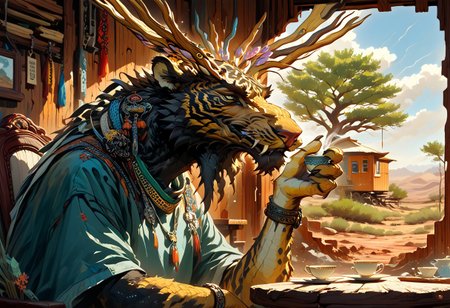 solo, Xerneas, sinozick style, alien humanoid, qinglong, dragon, tiger, peregrine falcon, amazigh tattoo, berber tattoo, moose, man, longxiang style, m0nst3r, tig, chinese dragon, long muzzle, big fangs, orange and black fur, green scales, jade patterened scales, scaly arms, male_tiger, emerald tree boa, anthro, furry male, sitting in rocking chair, drinking tea, teacup, table, curious smile, holding binoculars, teal tank top, light gray shorts, jewelry, bracelets, rings, BREAK,
New Mexico desert, southwestern desert, desert, rock, weed, scattered trees, thunderstorm, day, sunlight through clouds, thunderclouds in background, BREAK,
cabin, adobe cabin, mud bricks, windows, wooden beams, lumber, mud walls, adobe, garden, door, open door, small electric lightbulb