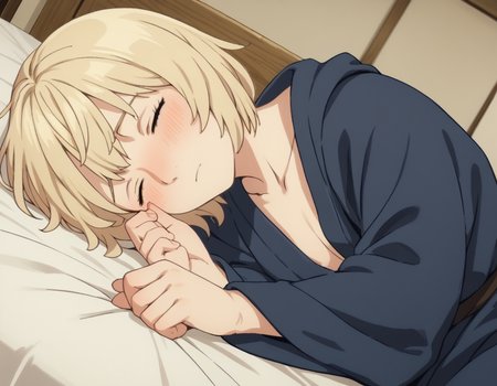score_9, score_8_up, score_7_up, source_anime,
falintouden, <lora:falin-touden-s1-ponyxl-lora-nochekaiser:1>,
falin touden, short hair, blonde hair, closed eyes,
robe, long sleeves, open clothes,
indoors, bed, bed room, on side, blush, drunk,
looking at viewer, solo, cowboy shot, dutch angle,