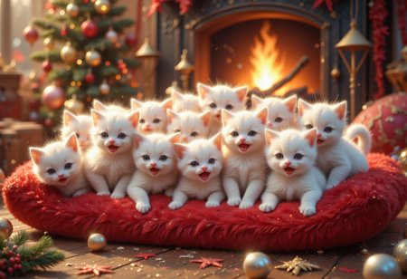 many snow-white little kittens, sitting on fluffy red cushion, meowing, warm atmosphere, cuteness, warm colors, fireplace on the background.