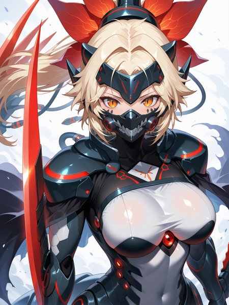 dinomorphia kentregina, 1girl, solo, mouth mask, looking at viewer, mechanical headgear, grey bodysuit, medium breasts, upper body, slit pupils, simple background, large breasts, mechanical gauntlets, mechanical forehead protector, facial mark, red arm blade, see-through cape, mecha dragon girl, from above
masterpiece,best quality,amazing quality,very aesthetic,absurdres,newest,<lora:Dinomorphia Kentregina illuXL v1:0.7>,