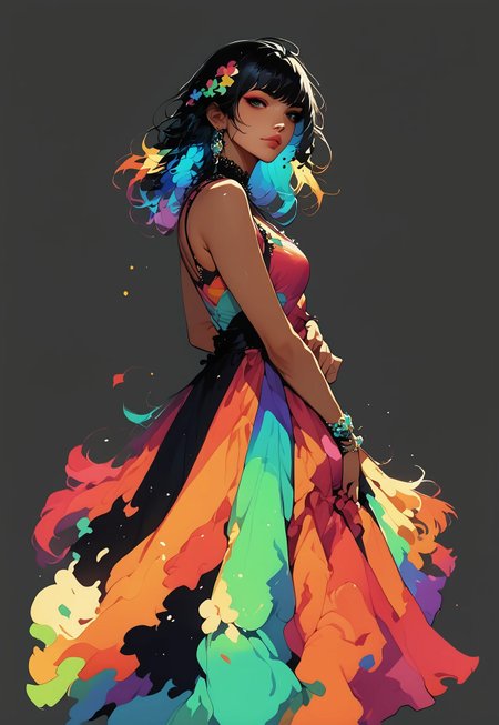 score_9_up, score_8_up, score_7_up, FFDAC, 1girl, long multicolored dress, black hair, colorful dress