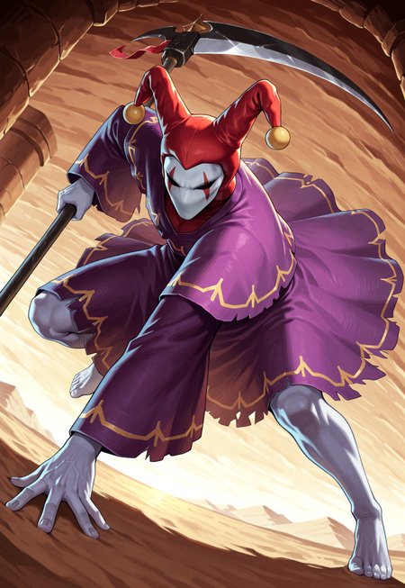 score_9,score_8,score_7,source_furry, (masterpiece, best quality, high quality:1.2), detailed hands,character focus, detailed skins, body blush, cinematic shadow, character focus, ultra detailed background, 
dutch angle, from below,
<solo:1.5>, <1boy:1.5>, (anime:3.5), (official:3.5), (dynamic pose:1.8), attacking,
chariotsaga, 1boy, solo, male focus, 
jester, red headwear, looking at viewer, white skin, jester cap, pom pom (clothes), (faceless mask:1.2), facepaint, hat, robe, purple robe, torn robes, long sleeves, wide sleeves, barefoot, light gray color nails, holding, scythe, weapon, holding scythe, holding weapon,  
ancient ruin background, indoor, dark orange stone wide rooms, darkness, sand, desert,
