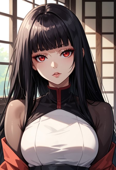 anime artwork, score_9, score_8_up, score_7_up, score_6_up, score_5_up, solo, perfect eyes, detailed eyes, beautiful female, detailed face, dynamics lines, 20 year old, perfect beautiful face, long eyelashes, sharp eyes pupils, (inside the palace:1.3), (upper body:1.5), medium breasts, (front view:1.2), 1 girl, red eyes, black hair, blunt bangs, long hair, Japanese clothing, long sleeves, looking at viewer,