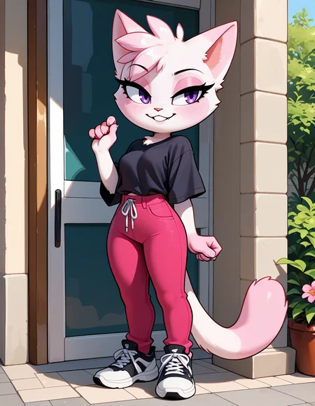 masterpiece, best quality, very aesthetic, absurdres,
outdoors, casual, 
full body, standing, posing,
seductive smile, parted lips, long eyelashes,
 <lora:Jana_v01_NAIXL:1>
J4n4,1girl,solo,furry,furry female,cat girl,cat ears,purple eyes,animal nose,body fur,two-tone fur,pink fur,white fur,cat tail,
