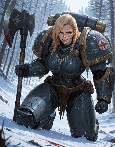 masterpiece, best quality,high quality, newest, highres,8K,HDR,absurdres, dynamic angle, realistic, 1girl, iLLemanR40K, solo, power armor, fangs, necklace, scar, kneeling, snow, holding an axe, dirty, bloody  <lora:iLLemanR40K:1>