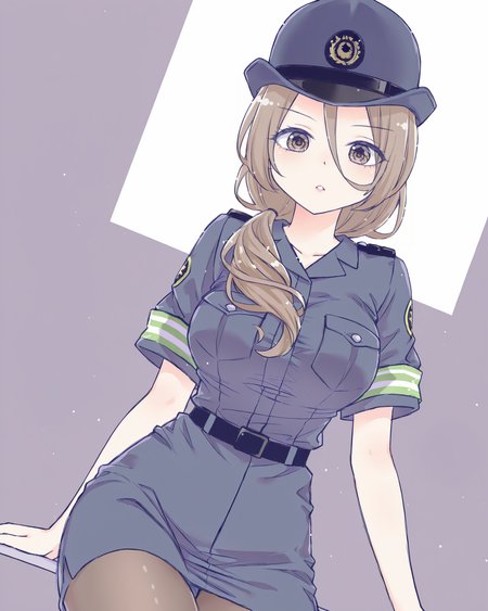(1girl:0.6),solo,
(hahaoya:0.8),hair between eyes,brown hair,brown eyes,long hair,hair over shoulder,breasts,
police uniform, police hat, pantyhose, 
cowboy shot, looking at viewer, 
best quality,high quality,highres,(jyt:0.2),huaxiao style,
<lora:fingers_adjuster_illustrious2.0stable_v1.0:1>,<lora:huaxiao_ill01:1>,<lora:huaxiao_ill01-000030:0>,
