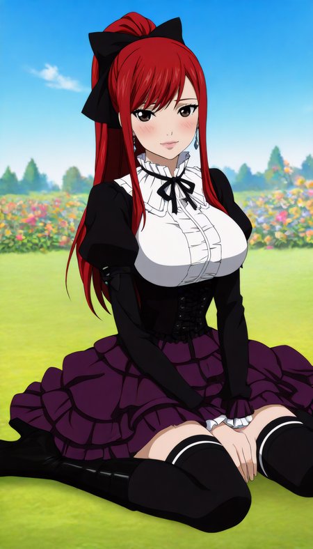 1girl, cowboy shot,
<lora:ErzaMFC_Illu_Dwnsty:0.8>, erz_mfc, brown eyes, red hair, ponytail, long hair, hair bow, black bow, ribbon, dress, juliet sleeves, frills, corset, black thighhighs, earrings, purple skirt, large breasts, lips, light smile, head tilt, wariza, high heel boots, black footwear, blush,
outdoors, garden, grass, flower, blue sky, nature, sunlight, 
looking at viewer, realistic skin, film grain, light and shadow contrast, high definition, amazing quality, very aesthetic, best quality, masterpiece, best quality, very aesthetic, highres, absurdres, sensitive,