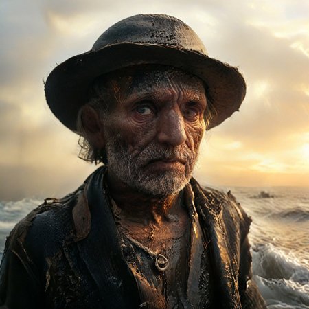 FRESHIDEAS Real Photography 2#, chiaroscuro,  low-key, great lighting, Dorothea Lange meets Rembrandt,weathered face of a 17th-century retired old man whaler,leathery complexion etched with sea-salt wrinkles,deep-set eyes holding storm-tossed memories.Angular jawline carved by decades of ocean winds,white beard like sea foam.Muted sepia tones dominate,dramatic chiaroscuro lighting.Golden hour glow caresses weathered skin,resembling sun-bleached driftwood.Distant silhouette of whaling ship,sails unfurled against flame-orange sky.Misty harbor,busy sailors' shadows hauling day's catch.Horizon ablaze with setting sun,casting long shadows across choppy waters.Subject's eyes,blue as deep ocean,gaze wistfully at fading daylight.Salt-stained tricorn hat,frayed edges.Rope-calloused hands clutch ancient spyglass.Hints of bygone adventures in every line and scar.Composition balances intimate portrait with expansive seascape.Textured canvas effect,visible brushstrokes in Rembrandt style.Subtle maritime elements:anchor tattoo,sea shell necklace.Evocative mood blends nostalgia,dignity,and unspoken tales of high seas.(Weathered_Sailor:1.5),(Rembrandt_Lighting:1.3),(Golden_Hour:1.2),(Maritime_Nostalgia:1.4),(Dorothea_Lange_Style:1.3)