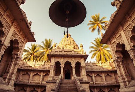 Indian_Building_Flux, A captivating photograph of an ancient Indian temple adorned with exquisite carvings, showcasing the beauty of traditional Indian architecture. A prominent Ghanta, or a ((temple bell)), hangs from above, casting a warm, golden light that illuminates its intricate details. The temple's central location within the complex creates a serene atmosphere, with palm trees swaying gently in the background. The overall ambiance of the image is peaceful, spiritual, and awe-inspiring. GoPro lens, Ultra HiRes Photography