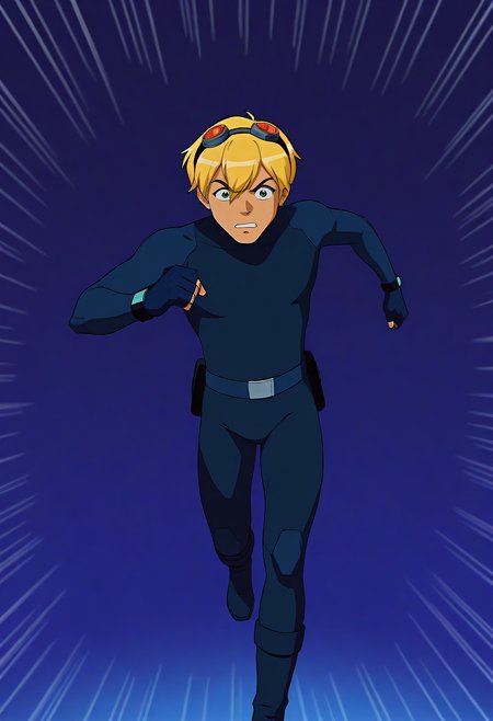 embedding:Illustrious\Positive\IllustriousQual, embedding:Illustrious\Positive\IllusP0s, kylekatz_ts!, 1boy, blonde hair, light tanned skin, green eyes, body suit, navy catsuit, red goggles, goggles on head, belt, fingerless gloves, boots, running, dynamic angle, emphasis line, best quality, high resolution, masterpiece.