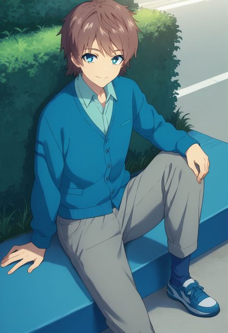 score_9, score_8_up, score_7_up, source_anime, highly detailed, 
kaname, solo, brown hair, 1boy, blue eyes, male focus, pants, shirt,
smile, grey pants, blue shirt, collared shirt, cardigan, blue socks, shoes
outdoor, sit,