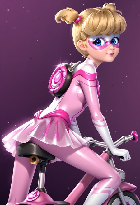 Masterpiece, best quality, amazing quality, absurdres, highly detailed, very aesthetic, 1girl, Pigella, blonde hair, blue eyes, twintails, short twintails, bangs, pink lipstick, eyelashes,, superhero, mask, domino mask, bodysuit, sparkly pink bodysuit, mangeta lines, white V-necked bodysuit, pink skirt, transparent skirt, mini skirt,  white stripes, swirly pattern on her chest, skin tight, riding scooter,