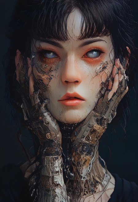 score_9,score_8_up,score_7_up,score_6_up,score_5_up,score_4_up,1 girl, tomie kawakami, solo,female focus,looking at the spectator,(Heart-shaped face, dark blue eyes, plump lips, short bob-cut dark brown hair, 5'6", 125 lbs, medium breasts, narrow waist, slender figure, a star tattoo on the ankle, pale skin, angular jawline, and slightly upturned nose.:1.3),(A gold lace bra paired with a black puffy mini skirt, and finished with bold gold high heels on a platform, featuring exquisite lace designs and a skirt made of rich velvet fabric, providing a luxurious and captivating look.:1.3),(plain contrasting background:1.3),(full-length:1.5),hands,Perfect hand,Perfect feet,Perfect eyes,cyb0rg,science fiction,cable,mechanical parts,<lora:feet v3:1>,<lora:hand 4:1>,<lora:PerfectEyesXL:1>,zPDXL2,zPDXLpg,<lora:cyb0rgXLP:0.8>,<lora:add-detail-xl:1>,<lora:DP-Pony:1>,p33rs,<lora:incase-ilff-v3-4:0.2>,