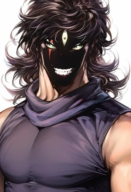 (score_9:0.9),score_8_up,score_7_up,rating_safe,anime style,(zPDXL),<lora:Dark Evil Beast ponyXL v1.5:0.87>,Dark Evil Beast,1boy,solo,male focus,smile,green eyes,grin,upper body,looking at viewer,white background,teeth, tank top, simple background,shadowed_face,