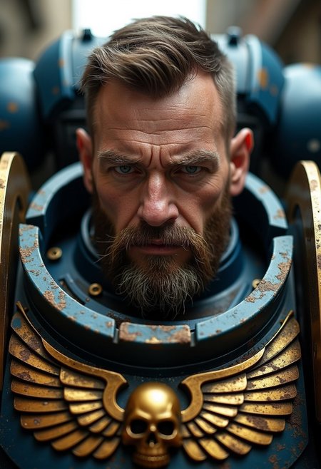 Warhammer 40k space marine, male portrait, serious and determined look at you