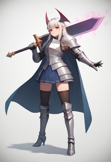 score_9,score_8_up,score_7_up,<lora:huge_weapon_pony:1>,1girl,absurdres,armored_boots,breastplate,commentary_request,demon_girl,faulds,full_body,gauntlets,highres,holding_sword,huge_weapon,knight,long_hair,magic,plate_armor,pointy_ears,red_eyes,shoulder_armor,skirt,solo,standing,thighhighs,waist_cape,white_background,white_hair,