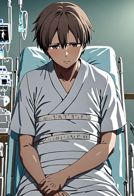high resolution, solo, best quality, 1Boy, Takaki Toono, Brownish Hair, Brown Eyes, bandage, patient, hospital, OverallDetail