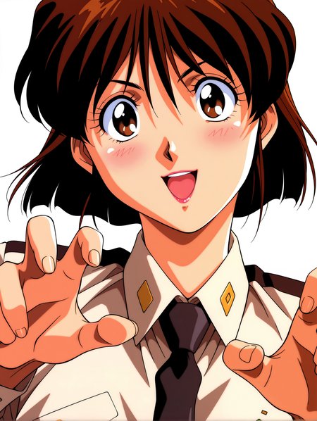 masterpiece,best quality,amazing quality,
1girl,solo,
<lora:Yuriko_Star_ilxl_v1.0:1>,Y_S,brown hair,short hair,brown eyes,lipstick,
y_clothes,shirt,black tie,1990s \(style\),
<lora:Fixhands_anime_bdsqlsz_V1:1>,front view,dynamic_angle,face_focus,kind_smile,open mouth,blush,claw pose,white_background,simple_background,looking_at_viewer,