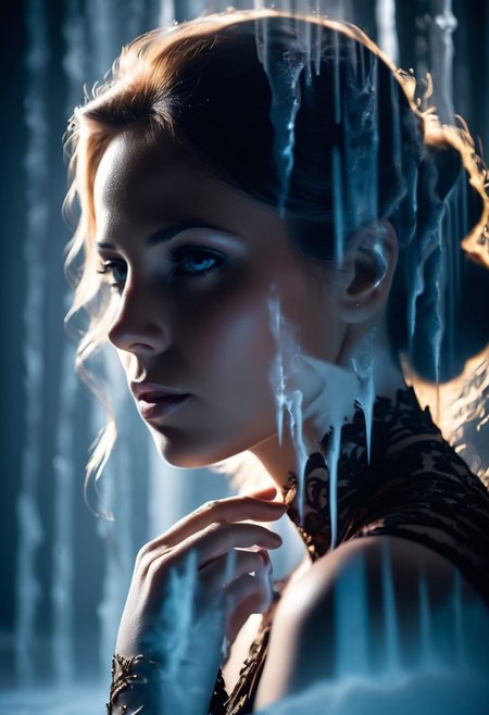 Cold Lighting, Well-visualised, opulent, Silhouette, double exposure, masterpiece, positive emotions, sharp focus, beautiful elegant, Depth of field 100mm, stunningly beautiful background,