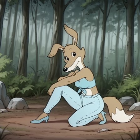 masterpiece, best quality, amazing quality, daisybbil, semi-anthro, female, dingo, brown fur, black eyes, tail, blue halter top, tied shirt, blue high heels, blue jeans,  forest, sitting, on a rock, one knee up, hugging knee, looking at viewer,