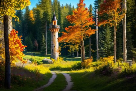 realistic analog photo, award winning photo, vary wide shot of stone witow tower:1.3, no humans, scenery, blue sky, auwo, in a autumn forest, dirt road, lush grassland, Wildflowers, nature, outdoors, RAW, highres, 8k, uhd, High Dynamic Range, tonemapping, crisp details,