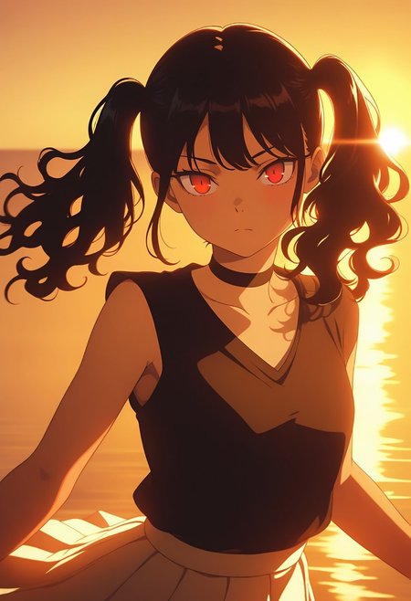 masterpiece, best quality, amazing quality, LDSCH, aesthetic, 1girl, solo, black hair, red eyes, twin tails, wavy hair, choker, sleeveless black top, white pleated skirt, looking at viewer, sunset lighting, backlight, rim lighting, warm color palette, ocean background, soft glow, cinematic angle, half body, dynamic pose, sunlight reflection, expressive face, serene atmosphere, lens flare