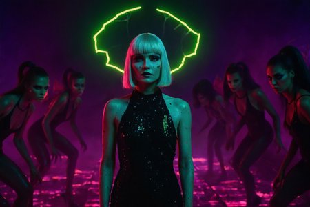 cinematic still, Elvira Hancock as The Gilded Phantom, platinum bob and blunt bangs dripping with fractured neon, black sequin halter dress stiff with dried makeup, standing motionless beneath a cracked neon claw light shaped like a jagged halo, arms hanging at her sides as demon models circle her in predatory stances, medium shot, low-angle, setting is a scorched runway of broken LED panels in the Babylon Inferno, mood of toxic beauty and silent menace, harsh ultraviolet and hot pink backlights, color theme of electric magenta, oil-slick black, and acid green, style reference The Neon Demon
