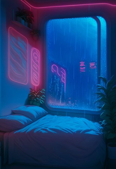 score_9,score_8_up,score_7_up,score_6_up, 
steaming coffee cup on windowsill, plants on the windowsill, wall of plants, monstera plant, large plant, tidy bedrrom, small room, cramped bedroom, teddies on the bed, cyberpunk city view out of the window, neon light, purple neon lights, rain, rain outside, rain on the window, rain only in the window frame, rain only outside, cat sleeping on the bed, cat on the bed