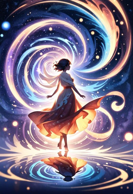 Ink illustration on parchment. A dark ghostly female, dark toga, double exposure, order and chaos, whirling astral setting, stars, kindness, reflection, dichromatism, leaning perspective, wide-eyed wonder, astral glow, celestial patterns, swirling nebulas. Bokeh blur. Colorful. BadDream, DEVIL SPAWN.