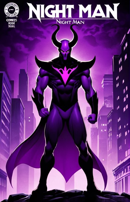 a comic book cover of a villain in a purple costume with dark powers, evil,  city,   text " Night-Man ", outline, best quality, masterpiece,  <lora:cbcmkrsdxl:1>, cbcmkrsdxl, comics logo, horns,