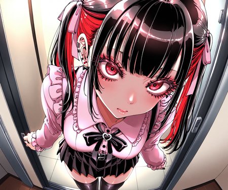 masterpiece, best quality, amazing quality, , 1girl,   looking at viewer, jirai kei, twintails, two-tone hair, mascara, eyelashes, red_eyes, collared shirt, pink shirt, pink ribbon, bowtie, skirt, black thighhighs, standing,    <lora:Amane-san style ILL-v2.1:1> amanesan