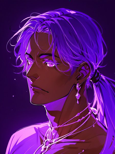 score_9, score_8_up, score_7_up, score_6_up, score_5_up,  <lora:neonXLP:1> neon, 1boy, solo, male focus, jewelry, earrings, dark skin, dark-skinned male, purple theme, long hair, portrait, ponytail