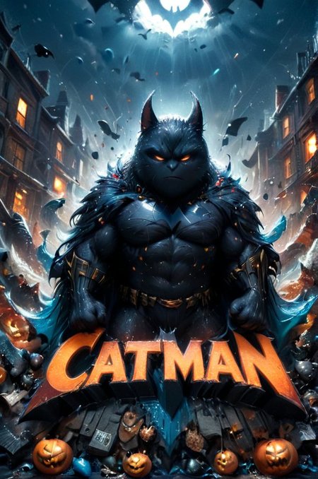 (("CATMAN" (text logo:1.9) <lora:Harrlogos_v2.0:1.9>, (full body), (((fatty black furry cats))), (Batman movie splash screen, furry black fat cat in costume without mask, with fat cat head)), black and orange and blue colors predominate, hyper-detailing, hyper-realism, sharp shot, cinematic, action-packed background, <lora:xl_more_art-full_v1:1>), ((furry, cat face, cat eyes))