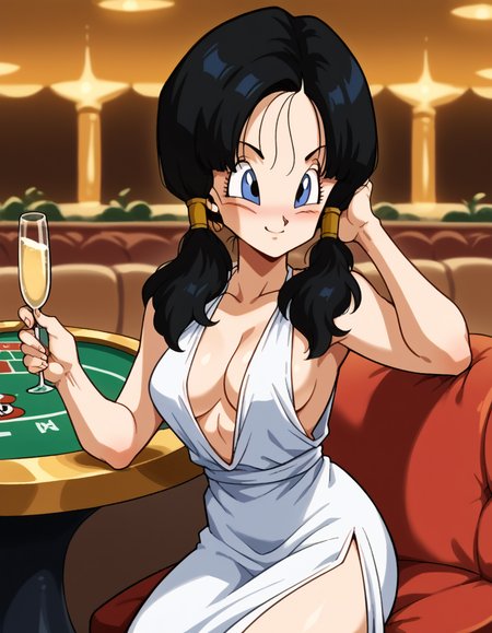 score_9, score_8_up, score_7_up, source_anime, <lora:dbz-videl-anime-ponyxl-lora-nochekaiser:1>, videl, black hair, blue eyes, eyelashes, parted bangs, twintails, medium breasts,, <lora:cocktail-dress-ponyxl-lora-nochekaiser:1>, cocktail dress, halter dress, plunging neckline, center opening, side slit, high-waist sideboob, casino, blush, smile, sitting, hand on own head, champagne, drinking glass,, cowboy shot,