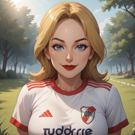 score_9, score_8, BREAK, solo, wii, mii, wii sports, 1girl, female mii, blonde hair, blue eyes, brown eyebrows, red lips, lipstick, RiverPlate, striped shirt, striped, shirt, white shirt, short sleeves, clothes writing, sportswear, soccer uniform, big breasts, (((adult female, mature female))), Montserrat_(OC_Mii), cute, sexy pose, self portrait, smile, outdoors, sunlight, shadows, evening lighting, natural lighting, forest, trees, grass, orange sky, sunset