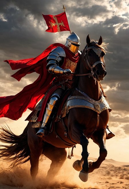 A formidable Byzantine Cataphract warrior, mounted on a heavily armored horse, charging into battle. The warrior is clad in ornate Byzantine armor, featuring intricate metal and scale plates with golden accents and Byzantine symbols. His helmet has a faceplate and a prominent crest, protecting his head, while his horse is covered in chainmail and plate armor, adorned with a crimson and gold barding. The Cataphract wields a long lance, pointed forward, and a large shield emblazoned with a Crusader cross in bold red. The warrior's cape flutters in the wind as he rides through a dusty battlefield, with knights and soldiers fighting in the distance. In the background, the silhouette of a Crusader castle stands under a stormy sky. The color palette combines rich reds, golds, and dark metallics, emphasizing the warrior’s strength, nobility, and the convergence of Byzantine and Crusader influences.
, moody light, by H.R Giger, 4k resolution digital art trending on Artstation and unreal engine 5, hyperrealism, full body shot, glowing eyes, cinematic, epic, masterpiece, surreal, fantasycore, hyperdetailed, ultra realistic, octane render, volumetric lighting, depth of field, bokeh, 8 <lora:Details:0.85>